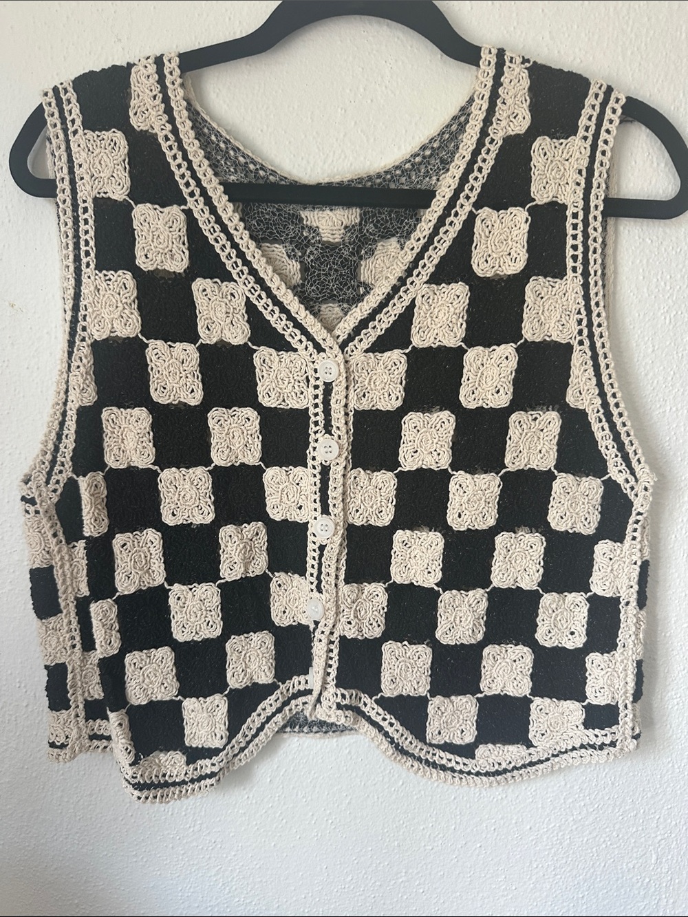 Hand-Crocheted Black and Cream Checkered Vest